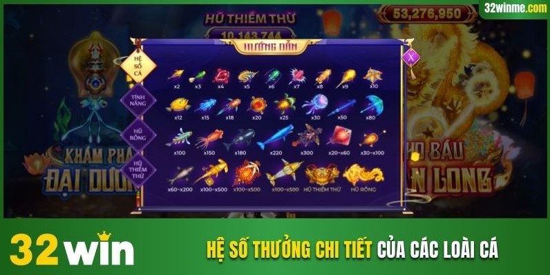 Hệ số chi tiết của từng loài sinh vật biển trong game